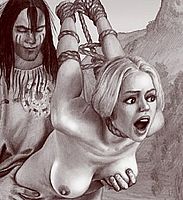 Stunning drawings of two men and a bondage woman